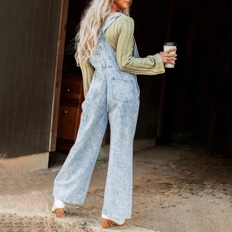 2024 New Fashion Women's Denim Retro Sleeveless Wide Leg Jumpsuit Casual Loose Pants with Pockets and Shoulder Straps YDL26