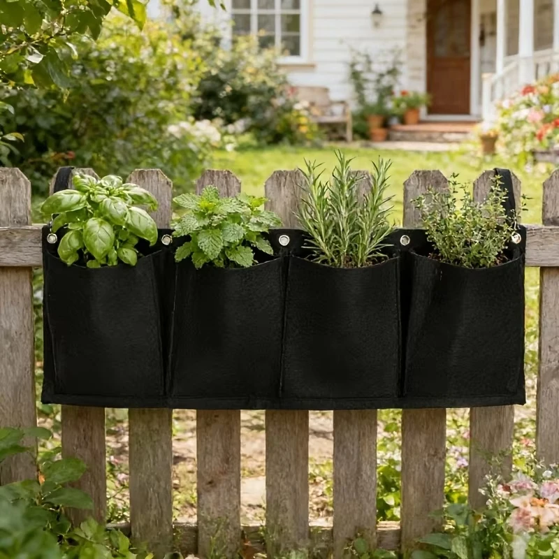 4 Pocket Felt Hanging Grow Bag Breathable Wall Railing Planter Pouch For Herb Vegetable Flower Balcony Gardening Container