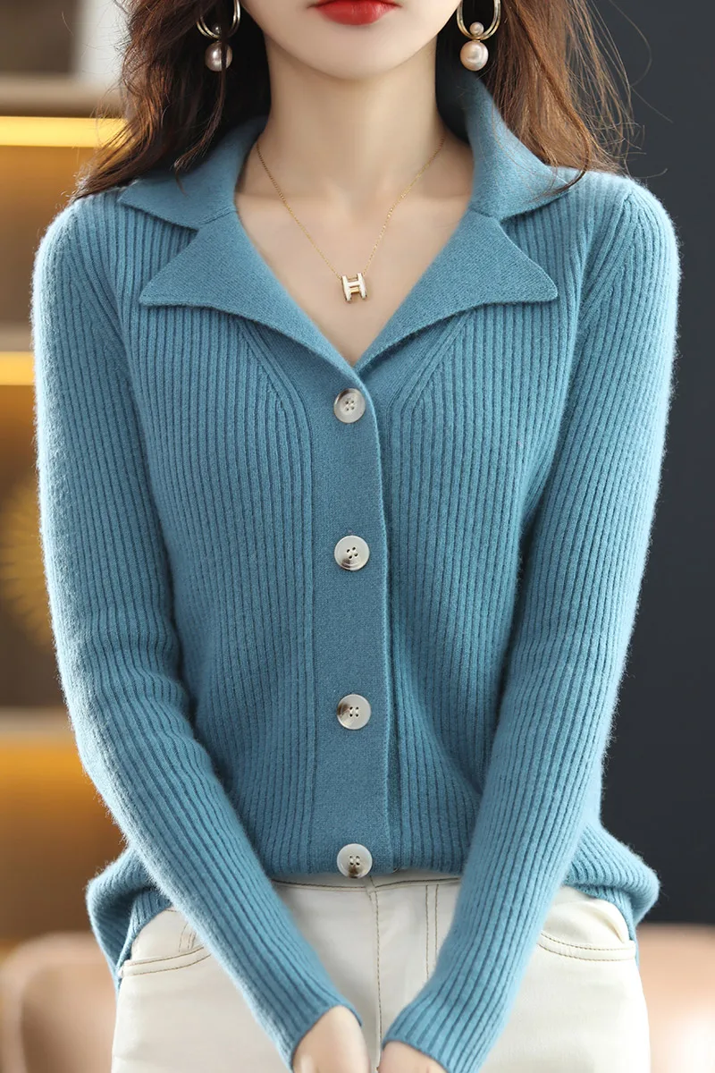 

Модный женский кардиган из 100% мериносовой шерсти, однотонный кардиган на пуговицах, мягкий кашемир, базовая простая одежда с длинными рукавами, топы