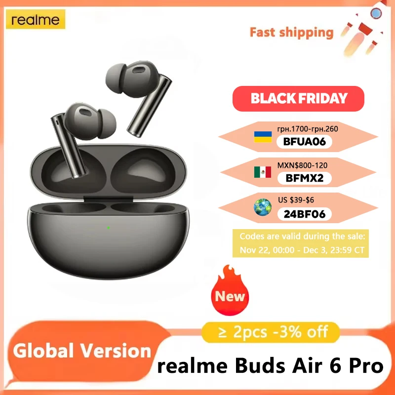 New realme Buds Air 6 Pro True Wireless Earphone 50dB Deep Sea Noise Reduction 2.0 Bluetooth 5.3 40 Hour Battery Life Headphone