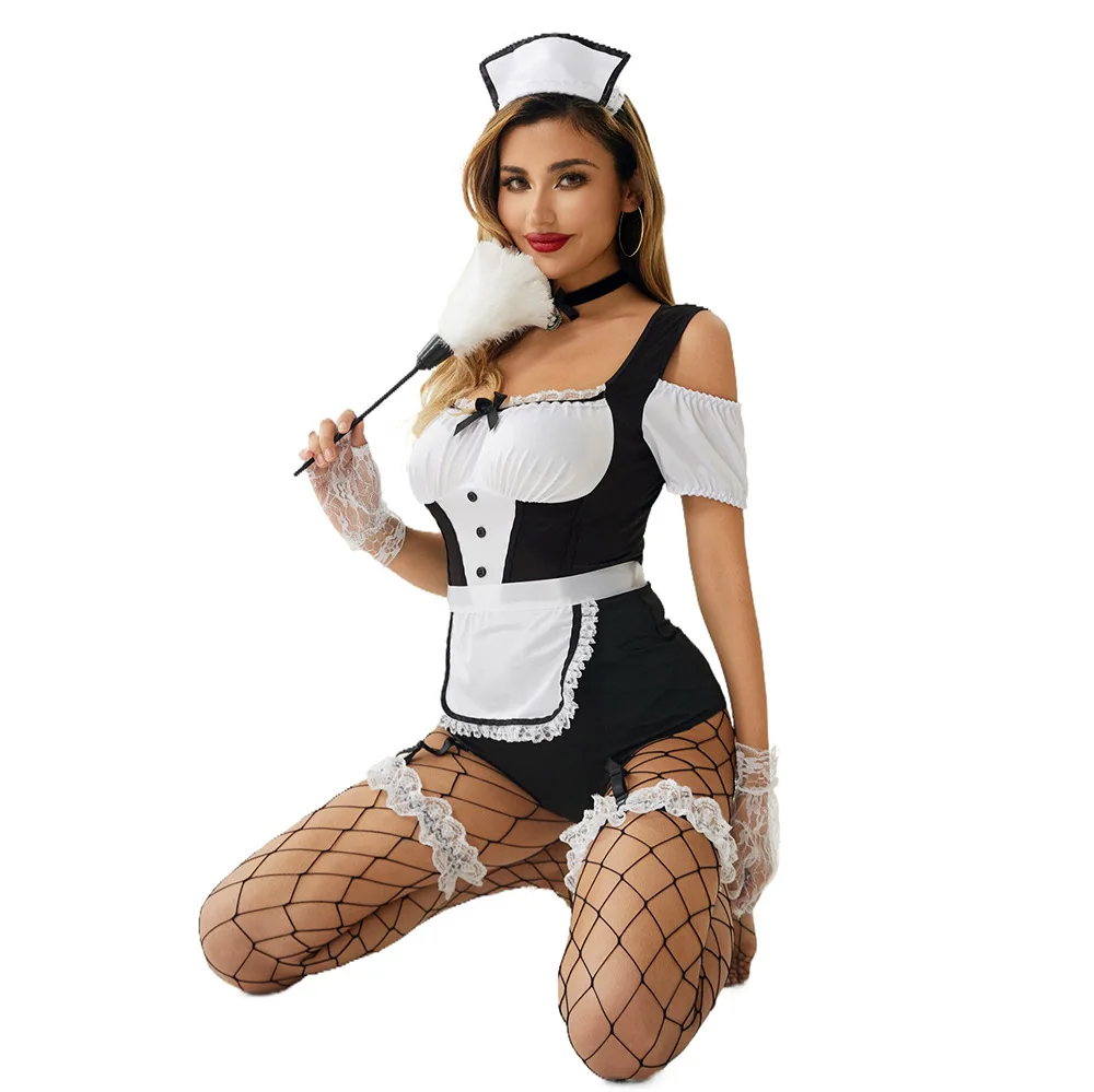 8 Piece Maid Role-Playing Women Headband Apron Lace Gloves Uniform Cosplay Costumes Sexy Lingerie Fish Net Pantyhose Bodysuit