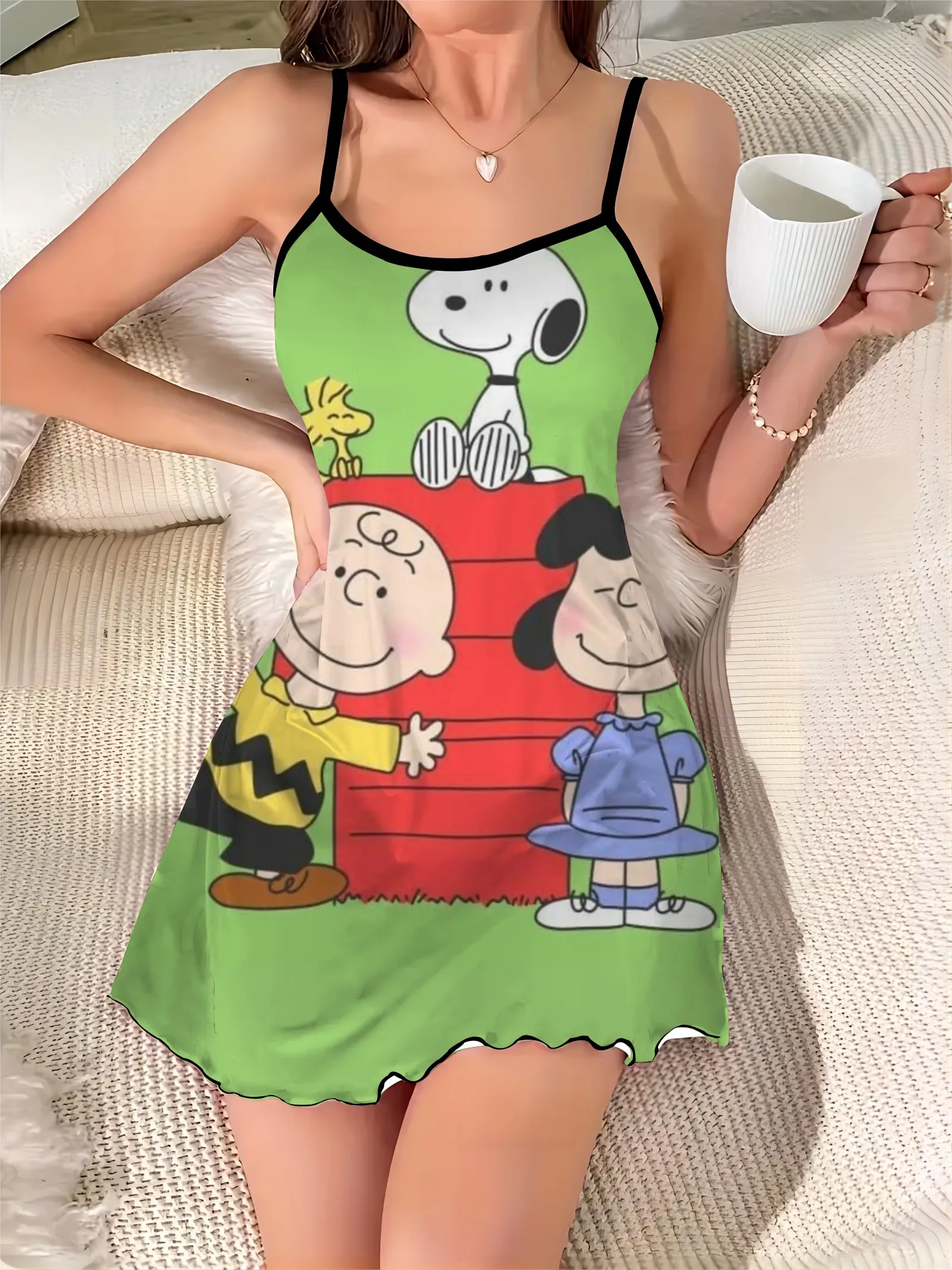 Slip Dress Lettuce Trim Crew Neck Snoopy Elegant Dresses for Women Fashion Summer 2024 Chic Mini Sexy Satin Trim Neck Dress Home