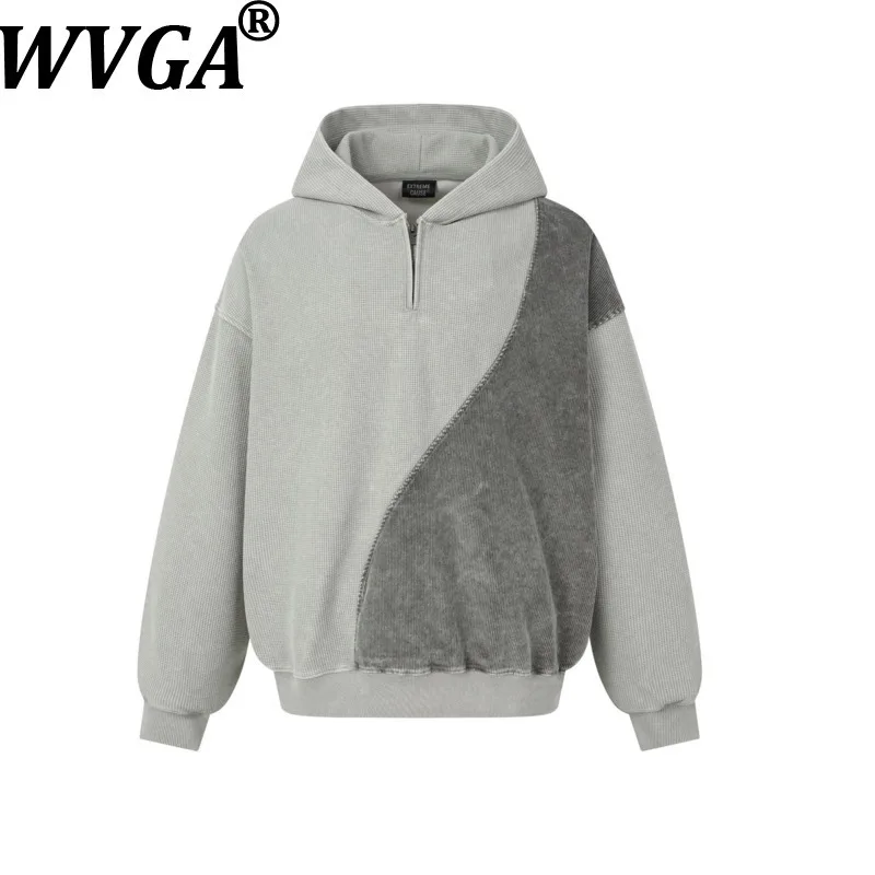 WVGA Spring Autumn New Men American Style Washed Distressed Irregular Patchwork Half-zip Hooded Sweatshirt Niche Knit Top W26903