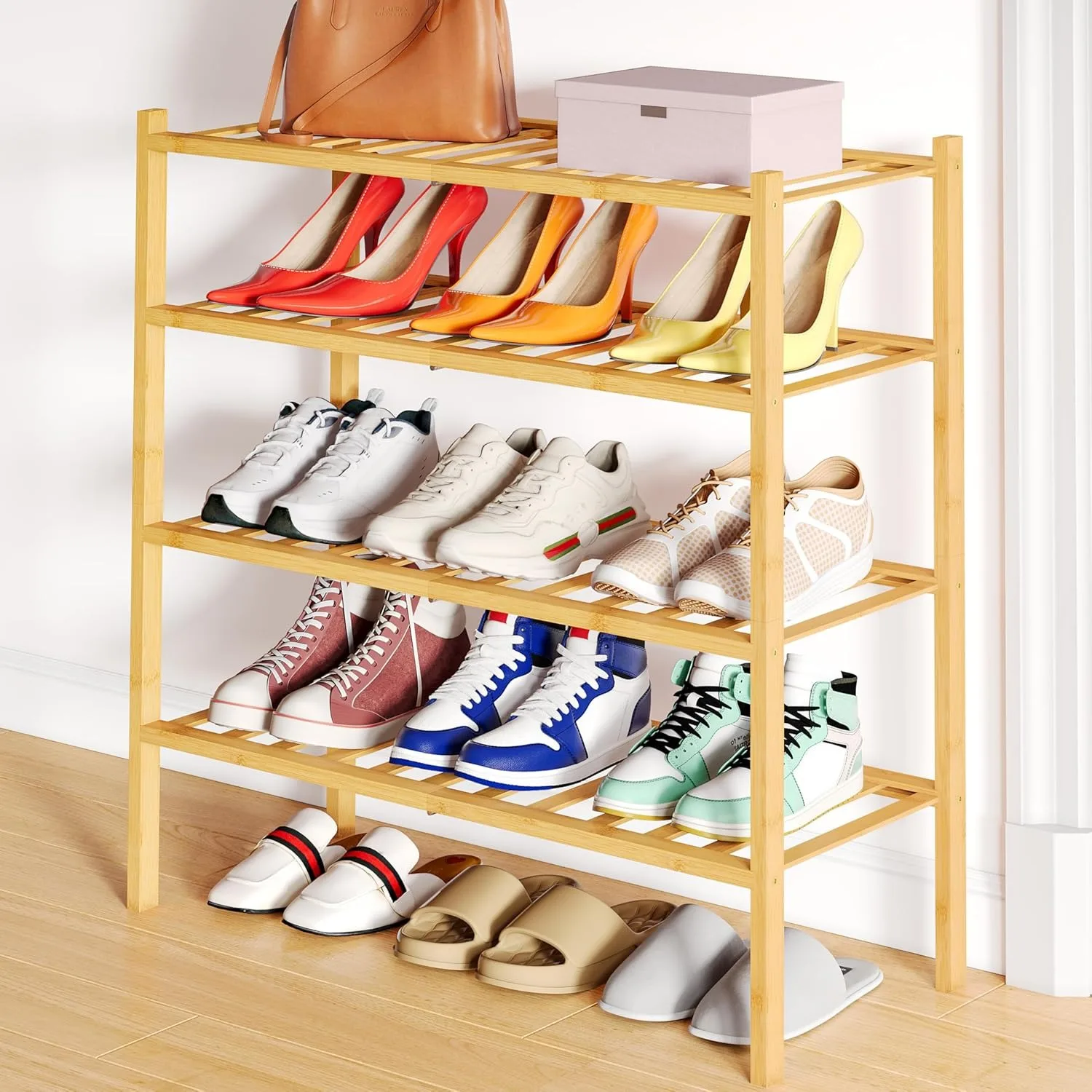 

Shoe Rack, 4 Tier Bamboo Shoe Organizer, Stackable Free Standing Wooden Shoe Storage Shelf for Closet, Entryway, Natural