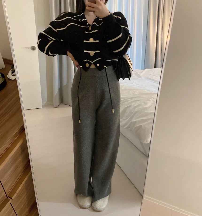 Loose Women's Knitted Cardigan Coat with Big Pockets Striped Splicing Drawstring Hem Single Buttoned Open Front Sweater