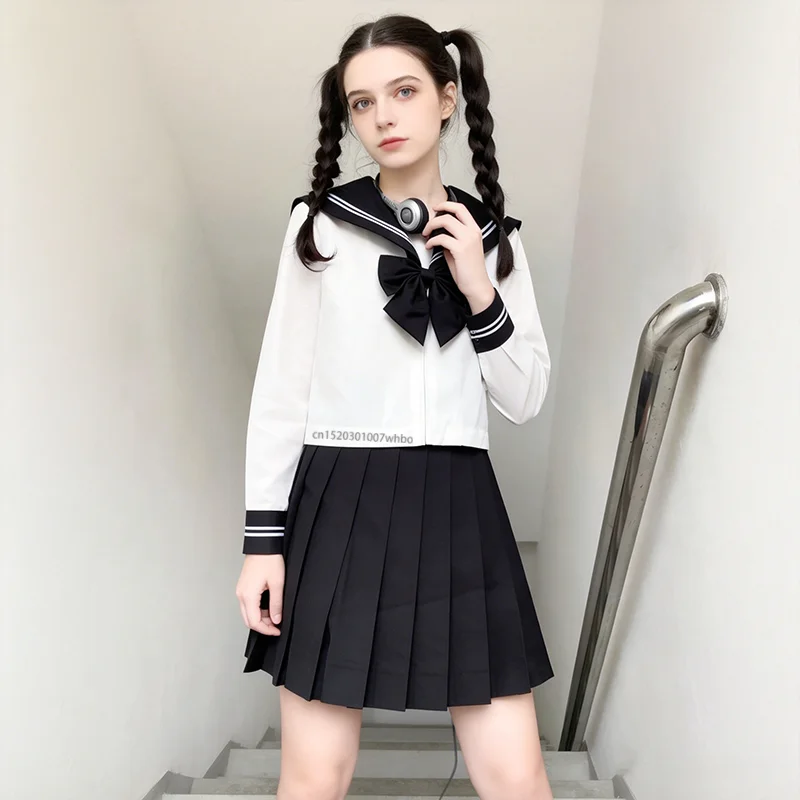 Japanese Style S-3XL Plus Size Students School Uniforms For Female Sailor Costume JK Suit Black Tie Sailor Blouse Pleated Skirt