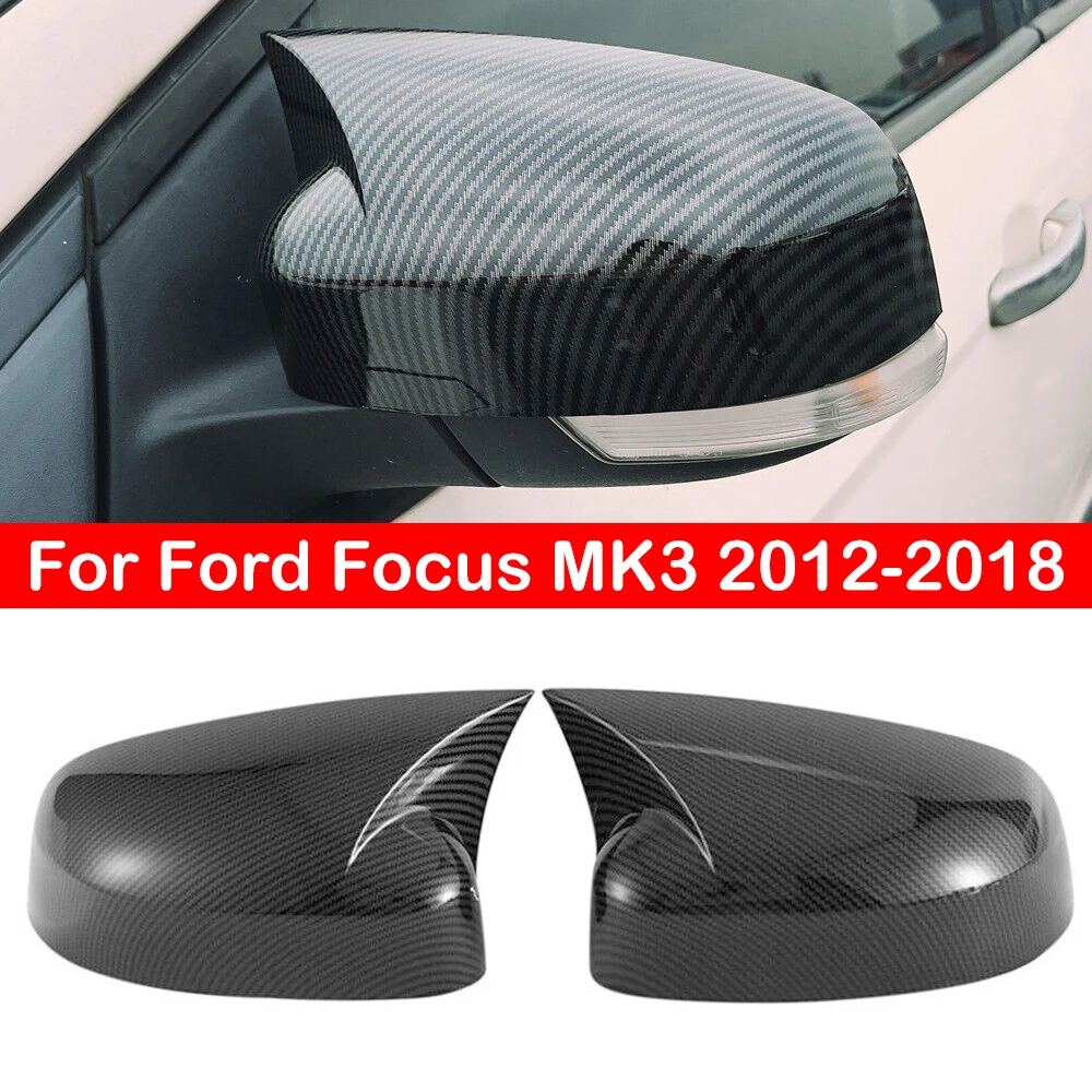 

For Ford Focus MK3 2012-2018 Rearview Side Mirror Cover Wing Cap Ox Horn Exterior Door Rear View Case Trim Carbon Fiber Black