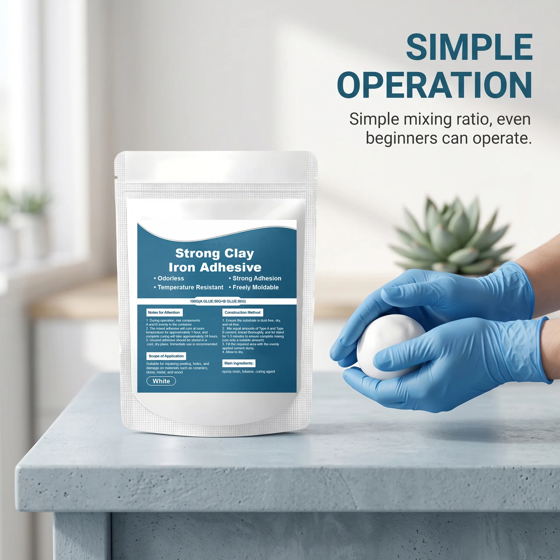 Multi-Purpose AB Repair Adhesive Paste, Moldable Epoxy Putty for Metal Ceramic Wood, Strong Crack Filler & Hole Repair Glue