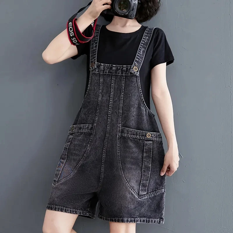 Vintage Straps Denim Shorts Women 2023 Summer New Fashion Pockets Jeans Jumpsuits Ladies Loose Rompers Casual Suspenders