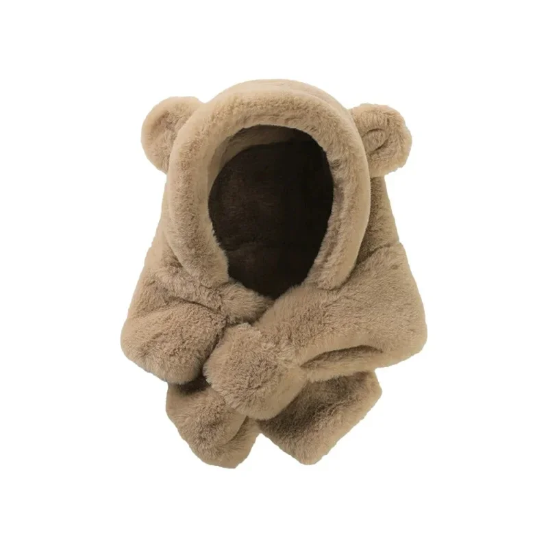 Winter Baby Hat Scarf One-Piece Faux Fur Kids Hats Cartoon Bear Warm Neck Ear Cap for Boys Girls Windproof Beanies Infant Stuffs