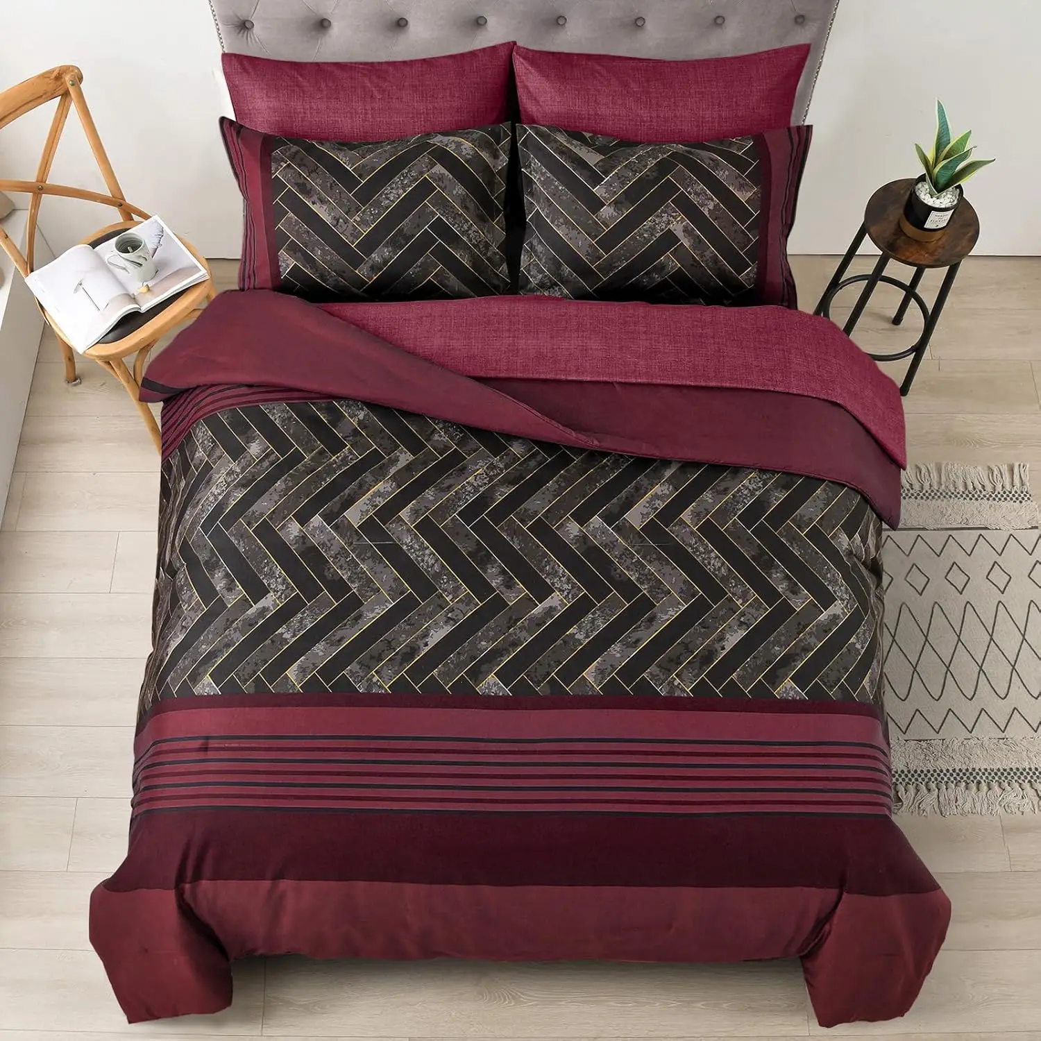 Luxudecor Burgundy Comforter Set King Size 7 Pieces Red And Black Stripe Bed In A Bag Geometric Comforter And Sheet Set, Soft