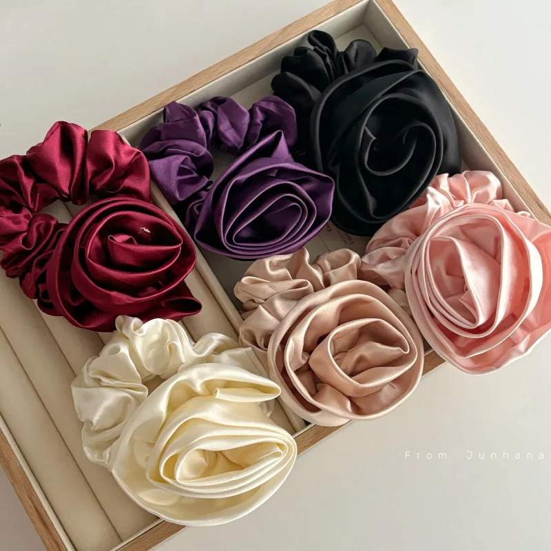 French High-Grade Satin Rose Flower Hair Rope Hair Band Ins South Korea Gentle Fairy Lady Hair Band Rubber Band