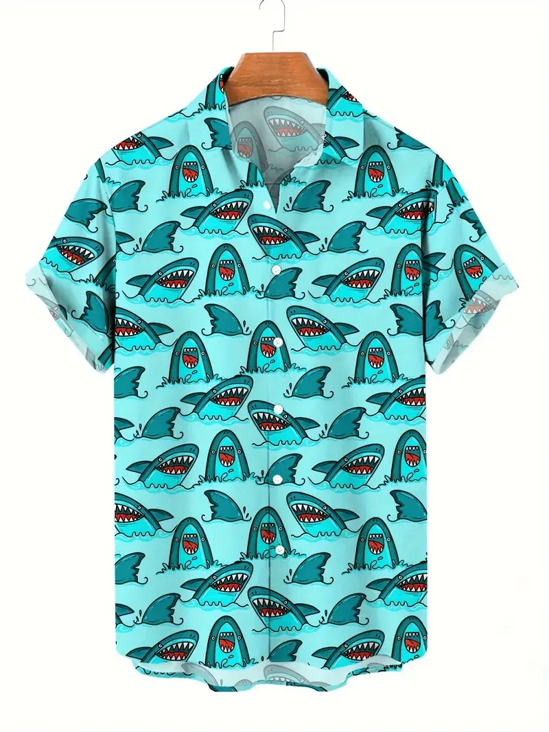 Men's Short Sleeve Button-Up Beach Shirt With Shark Print Casual Summer Hawaiian Style Daily Vacation Beachwear For Men