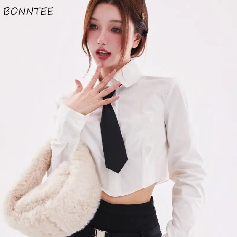 Shirts Women Crop Tops Long Sleeves Sweet Casual Soft White Basic Design Hot Girls Slim Spring Summer Korean Fashion Style Daily