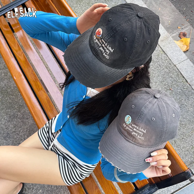 

ELFSACK 2025 Autumn New Arrival Streetwear Distressed Denim Frayed Hem Letter Embroidery Baseball Cap For Woman