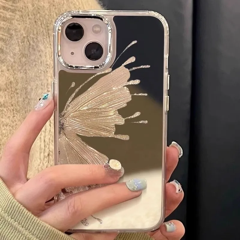 Golden Butterfly Silver Plated Mirror Case For iPhone 15 14 13 Pro max 12 11 Pro Max Case Drop Protection Cover