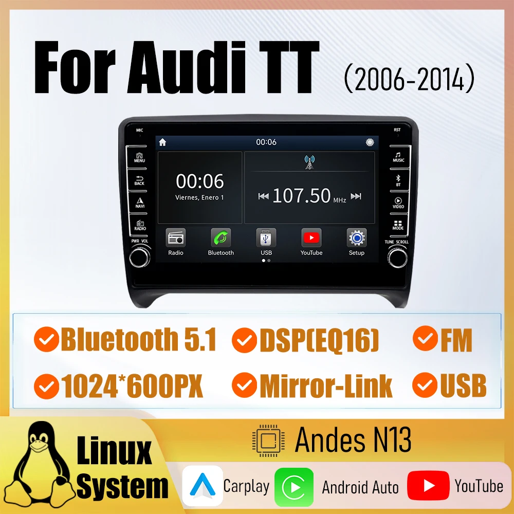 

For Audi TT 8-inch car player Linux System Carplay Wireless Android Auto Wired USB Radio Bluetooth5.1 FM MirrorLink