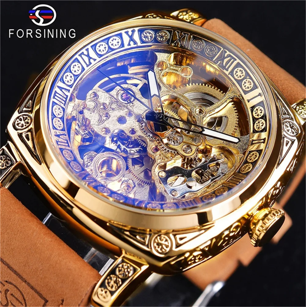 Forsining 403A Watch For Men Skeleton Automatic Mechanical Wrist Watches Brand Luxury 2023 Silver Gold Leather Relogio masculino