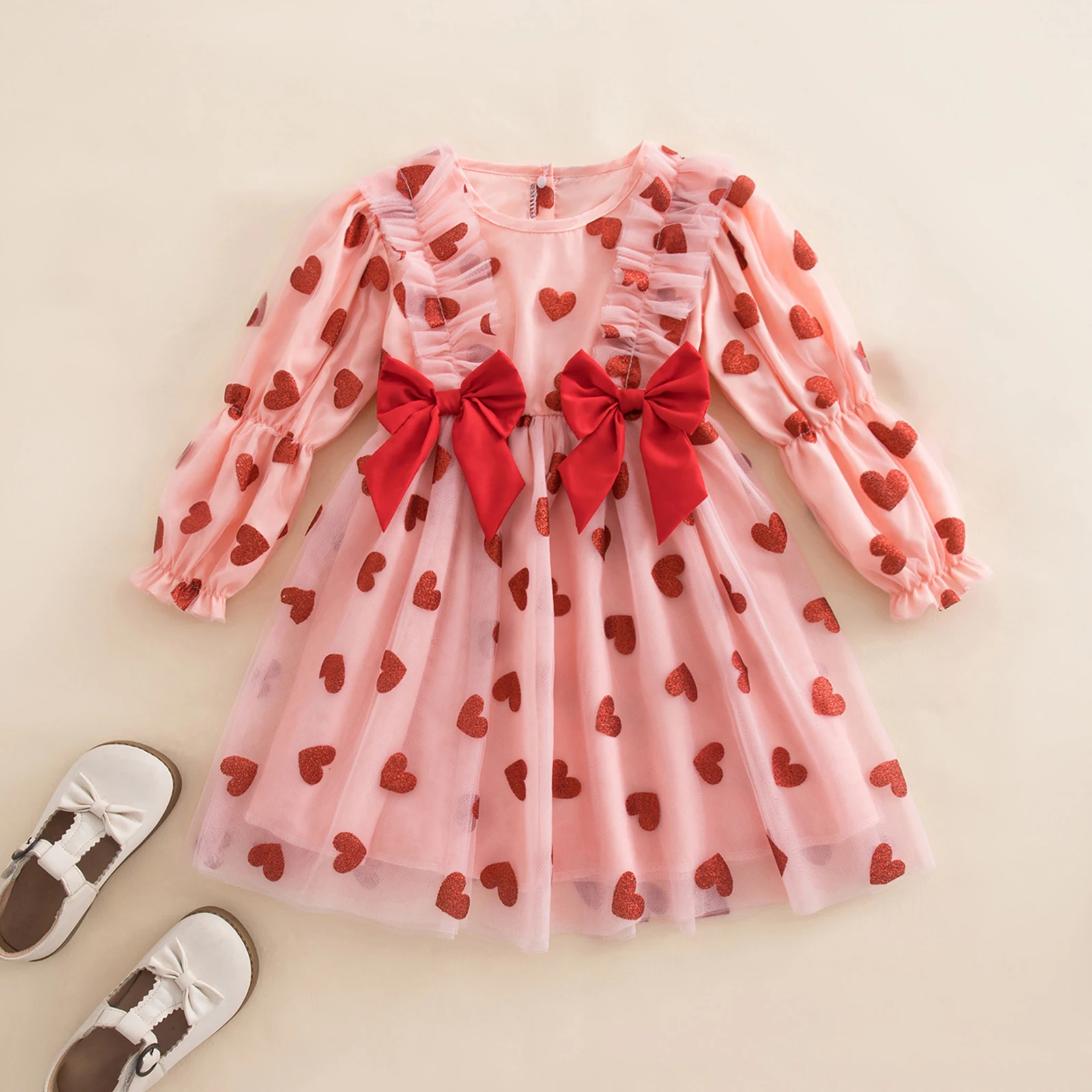 1-4Y Kids Girls Valentines Day Dress Long Sleeve Crew Neck Heart Bow Tulle Mesh Lace A-line Dresses