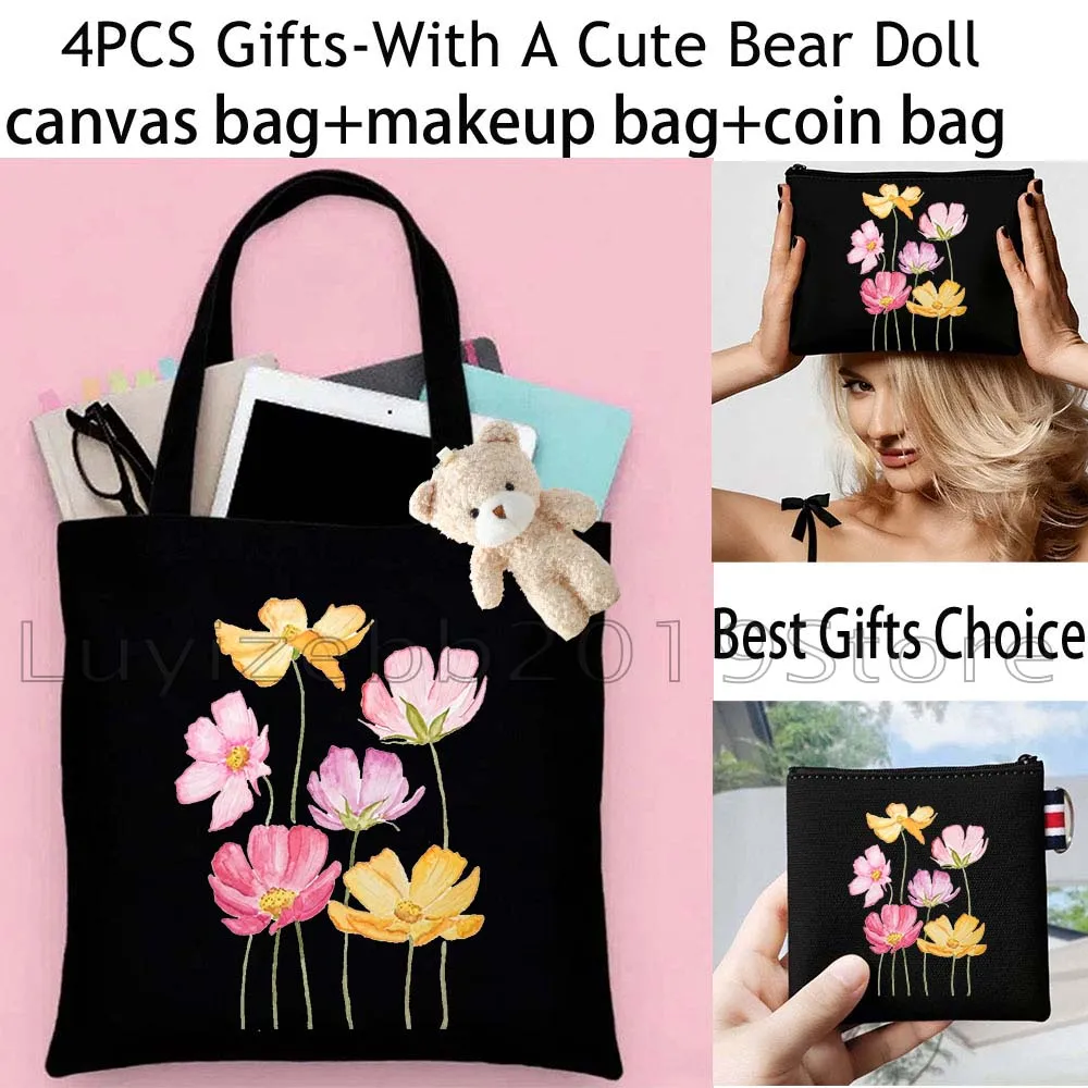 4PCS Floral Gifts Cosmos Flowers Hydrangea Cherry Blossom Canvas Tote Bag Handbag,Cosmetic Makeup Bag,Coin Purse Wallet Pouch