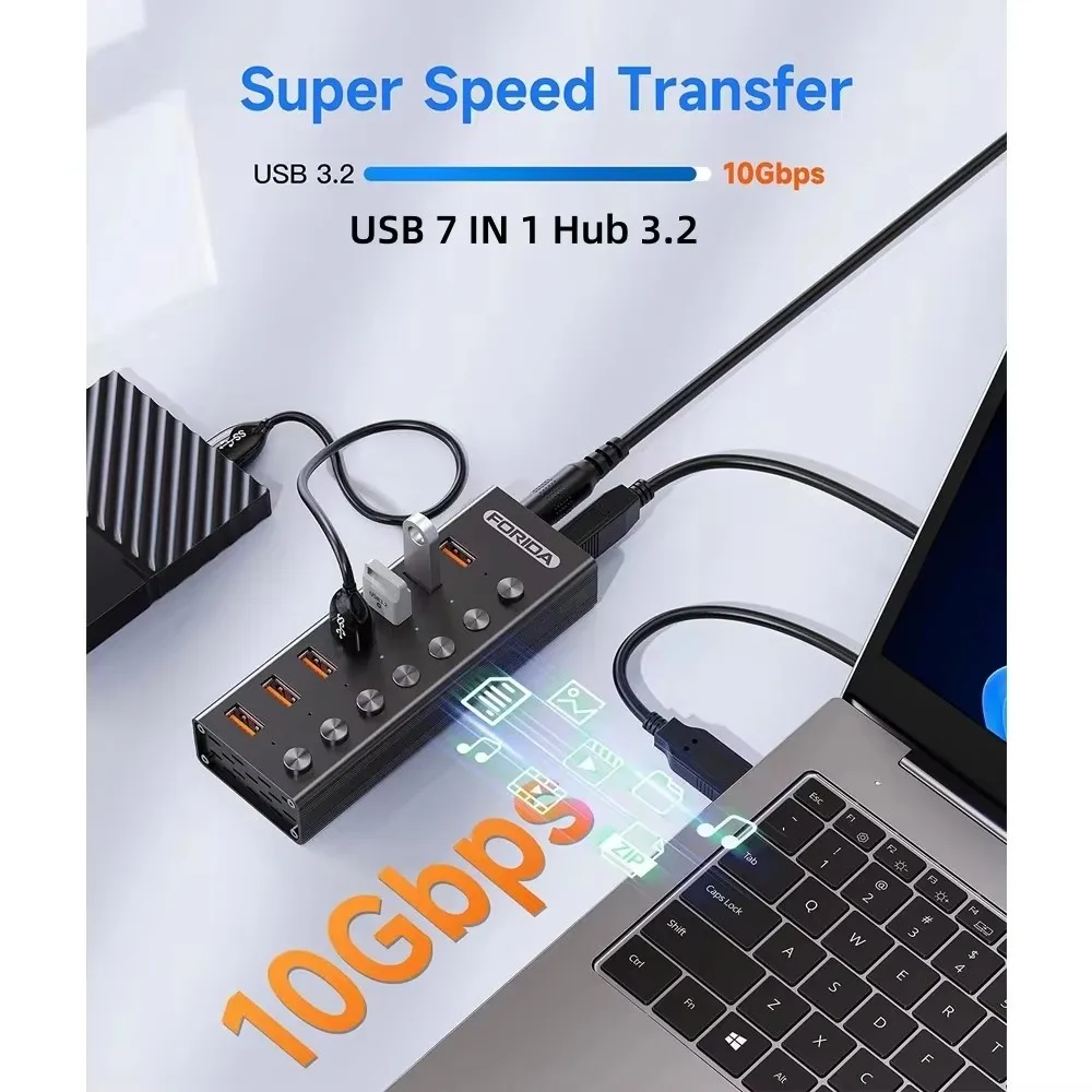 FORIDA Type-C to USB 3.2 Hub 10Gbps 7-Port USB Powered Splitter Switches Adapter for   MacBook Laptop PC Smartphone USB Drive