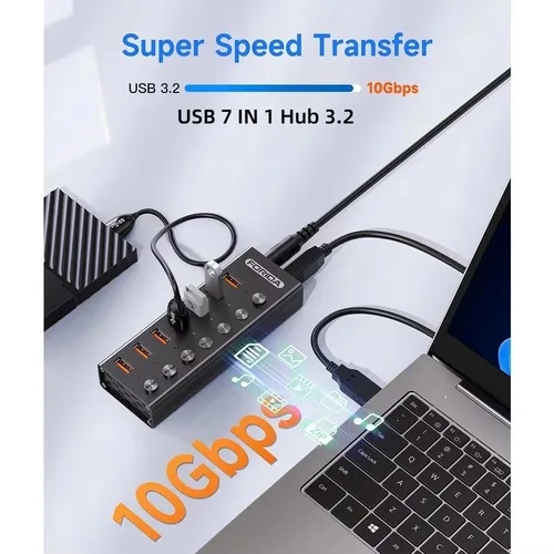 Imagen 2 del producto FORIDA USB C Hub 3,2 10Gbps 4/7 puertos estaciones de acoplamiento de aleación de aluminio divisor adaptador de interruptores LED para MacBook teléfono portátil