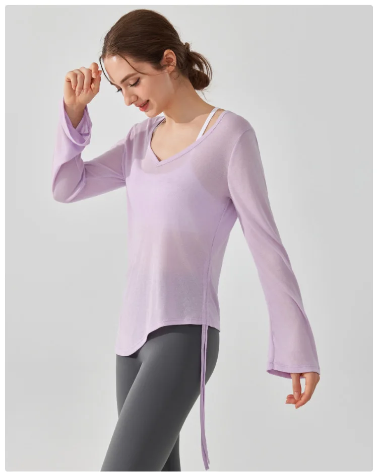 Sporttop mit Kordelzug und Falten für Damen, locker geschnitten, langärmelig, hüftbedeckend, unregelmäßiger Schnitt, geeignet für Pilates, Fitness und Yoga. – Detail 11