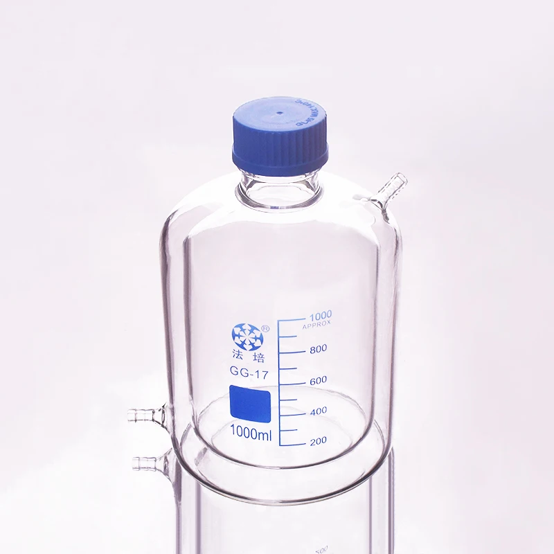 FAPEI Double-deck cylindrical single-necked flat bottom flask,1000ml GL45mm,Mezzanine jacketed reactor bottle,Reagent bottle