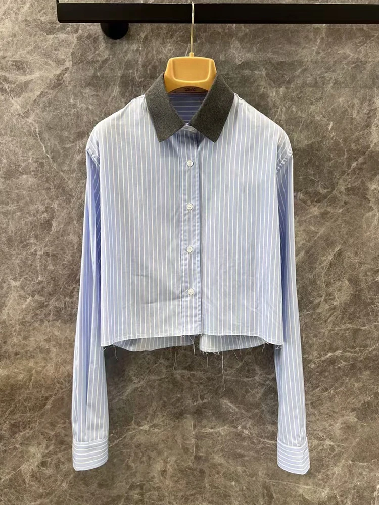 2025 spring women's new retro striped color matching lapel short shirt designer fashion all-match cotton straight shirt