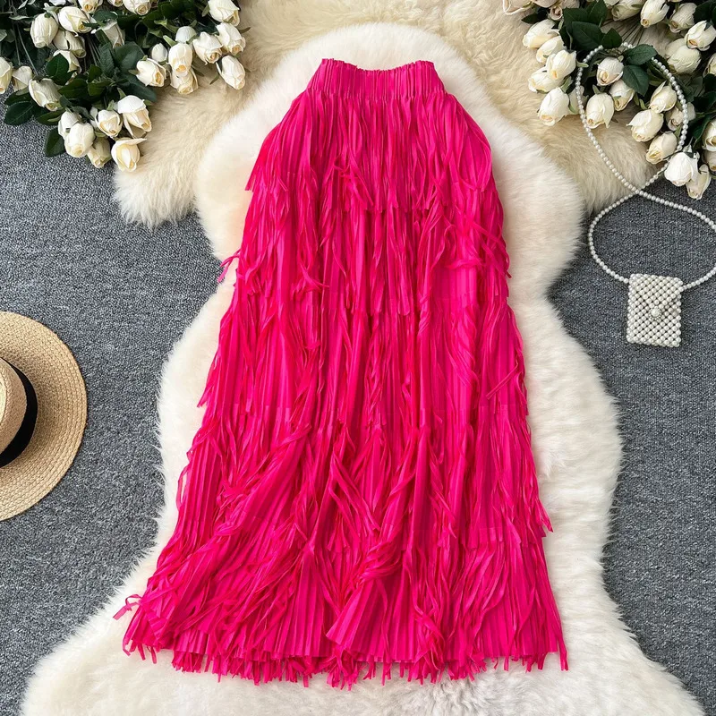 Novedad en 2025, falda larga por debajo de la rodilla con borlas para primavera y verano para mujer, ropa de calle de cintura alta a la moda, faldas informales