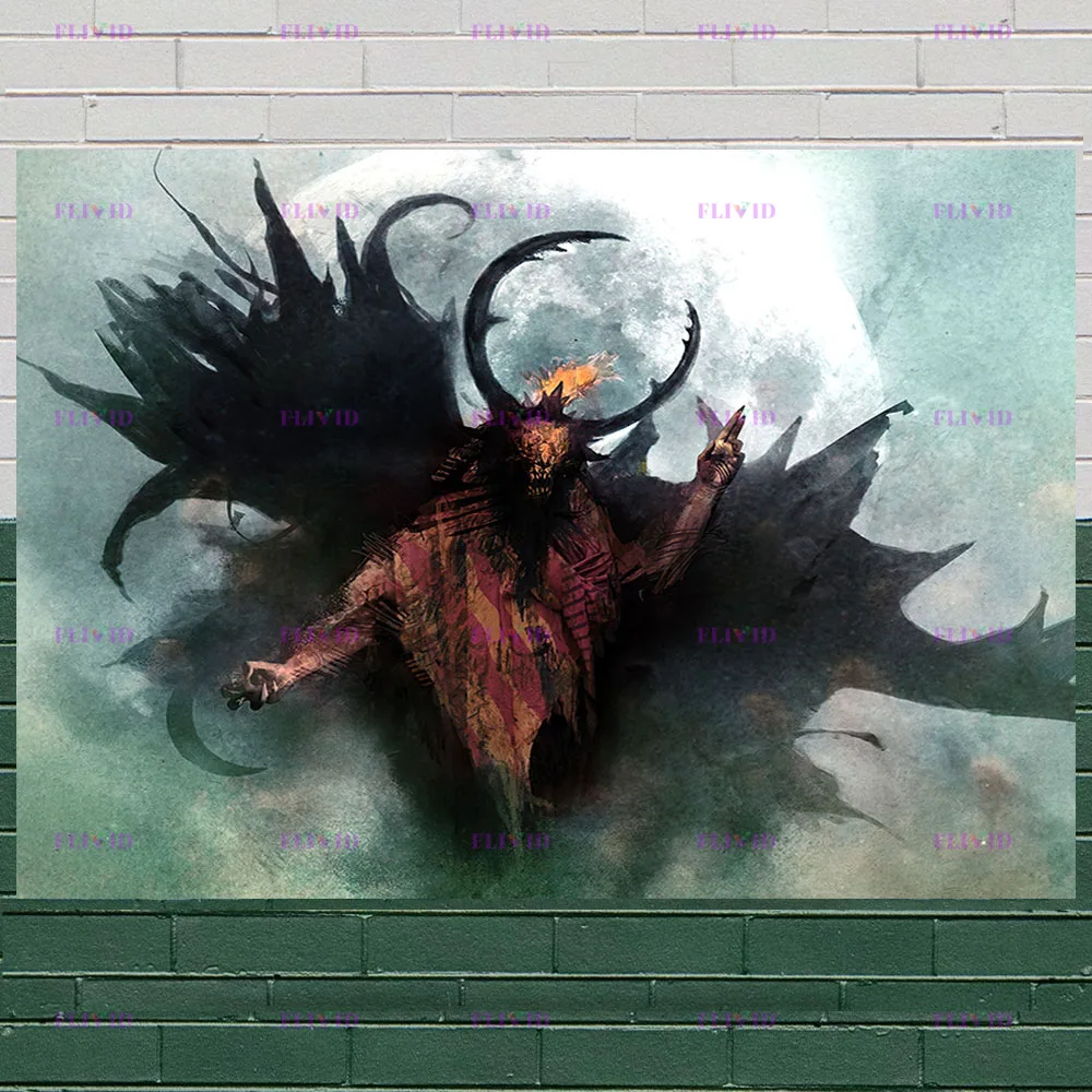 Dark Gothic Horror Fantasy Canvas Wall Art,Horned Demon Plague Doctor Giant Bat Creepy Spider Hell Creature Art Poster Print