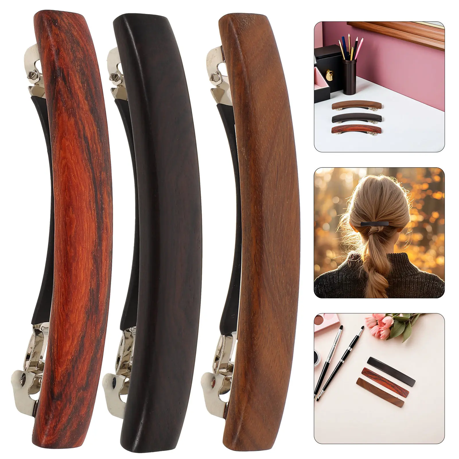 

Набор из 3 минималистичных заколок для волос из сандалового дерева: натуральные деревянные зажимы для хвоста, гладкие легкие винтажные деревянные заколки-крабы для женщин