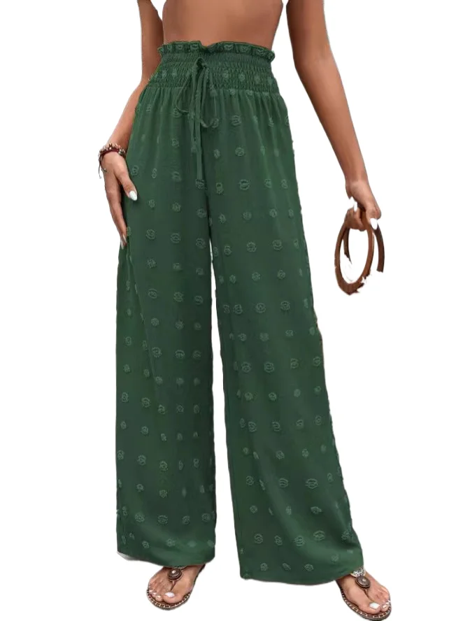 

New Casual Elastic Loose Drawstring High Waisted Jacquard Casual Pants Wide Leg Pants Women's Pants