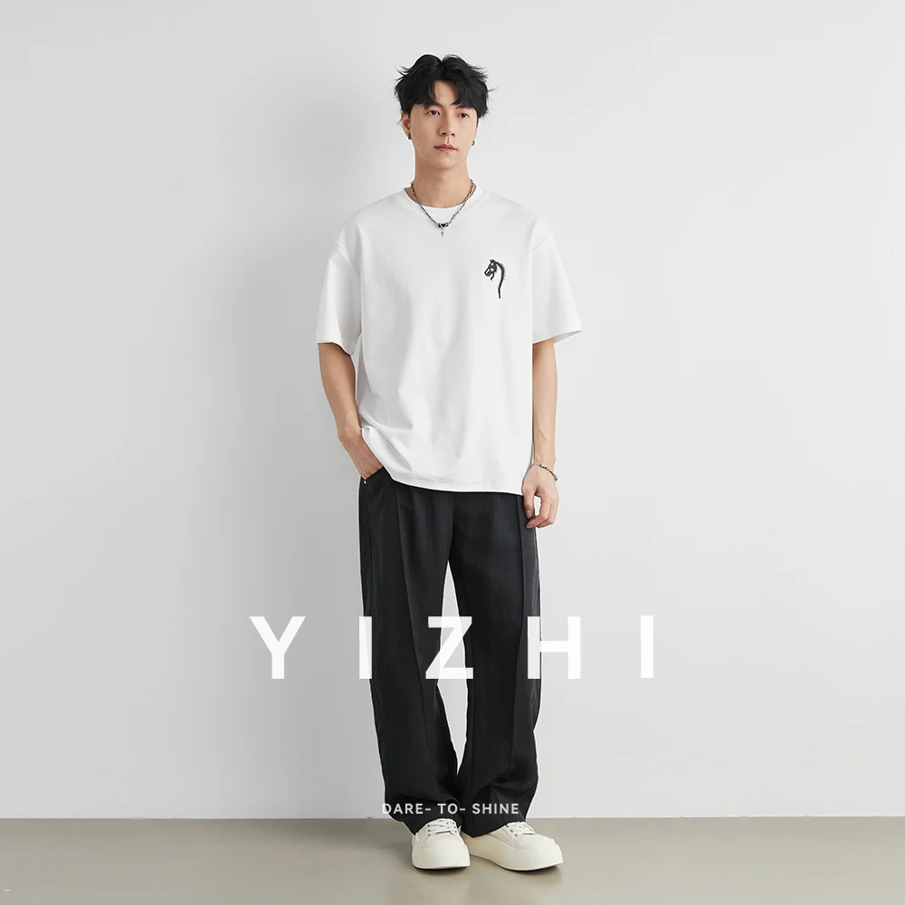 Men's Lyocell Leather Horse Head Embroidered Short Sleeve T-Shirt 2026 Summer Crew Neck Loose Soft Stretch Simple Top