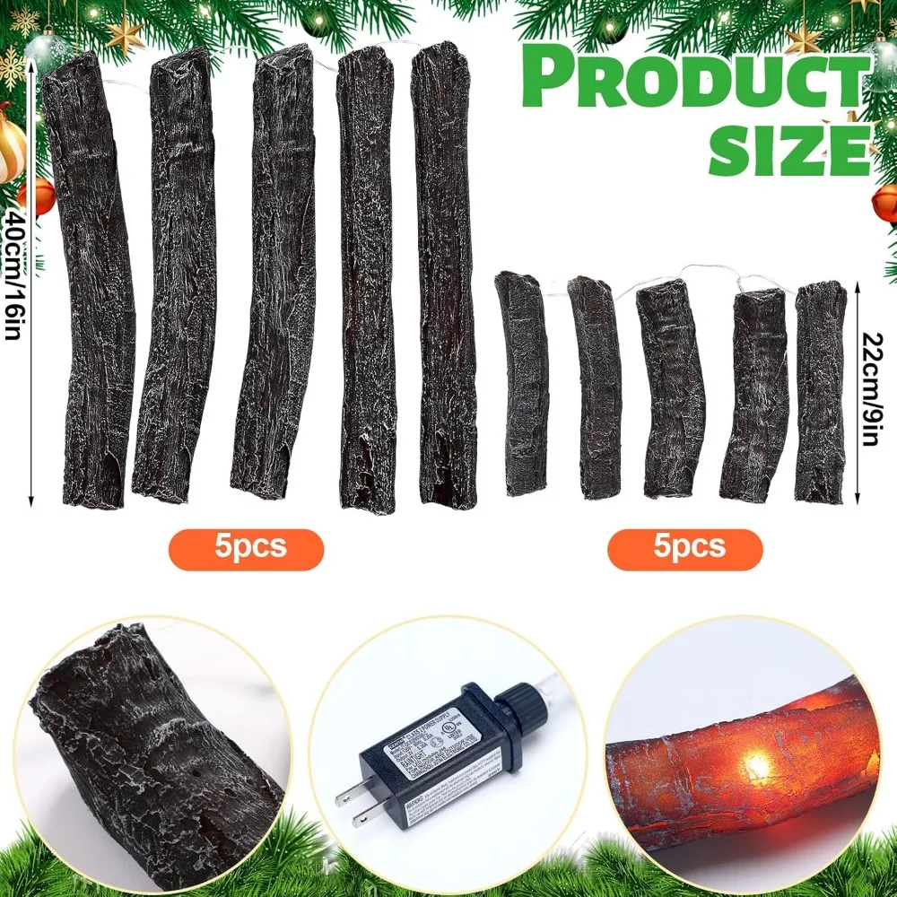 مجموعة مصابيح سجل الحريق LED المحمولة - 10 قطع 8.7 × 16 مدفأة وهمية تعمل بالبطارية للديكور الداخلي والخارجي