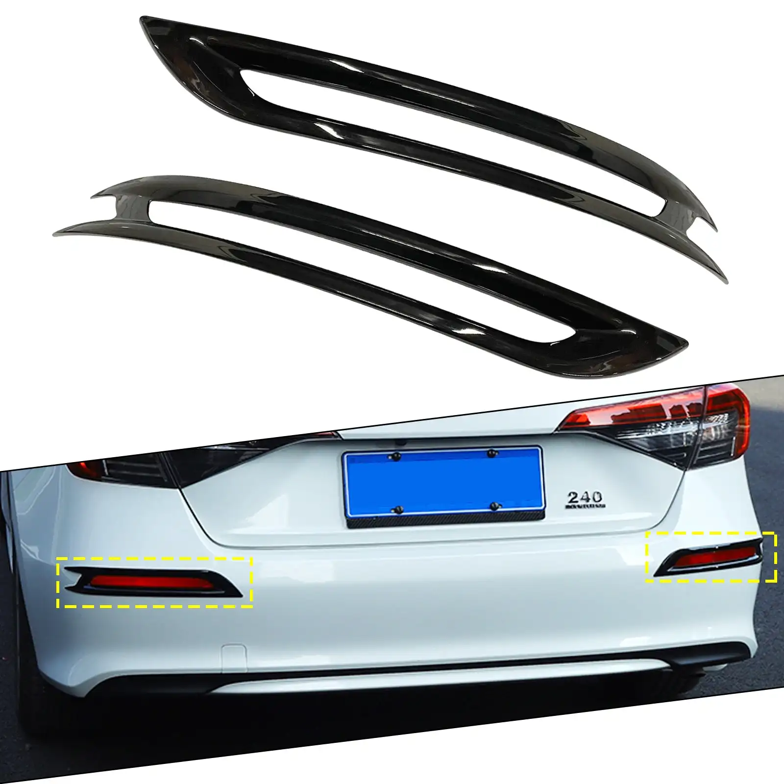 2pcs Glossy Black Rear Bumper Reflector Fog Light Lamp Bezel Overlay Cover Molding Trim For Honda Civic 11th Gen 2022 2023+