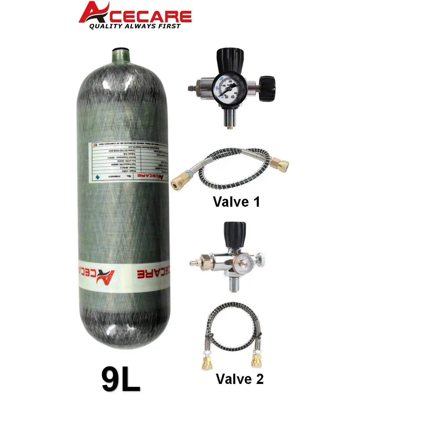 ACECARE 4500Psi 300Bar 9L Carbon Fiber Cylinder HPA Tank Diving Bottle Fill Station Valve Charging Regulator Valve M18*1.5