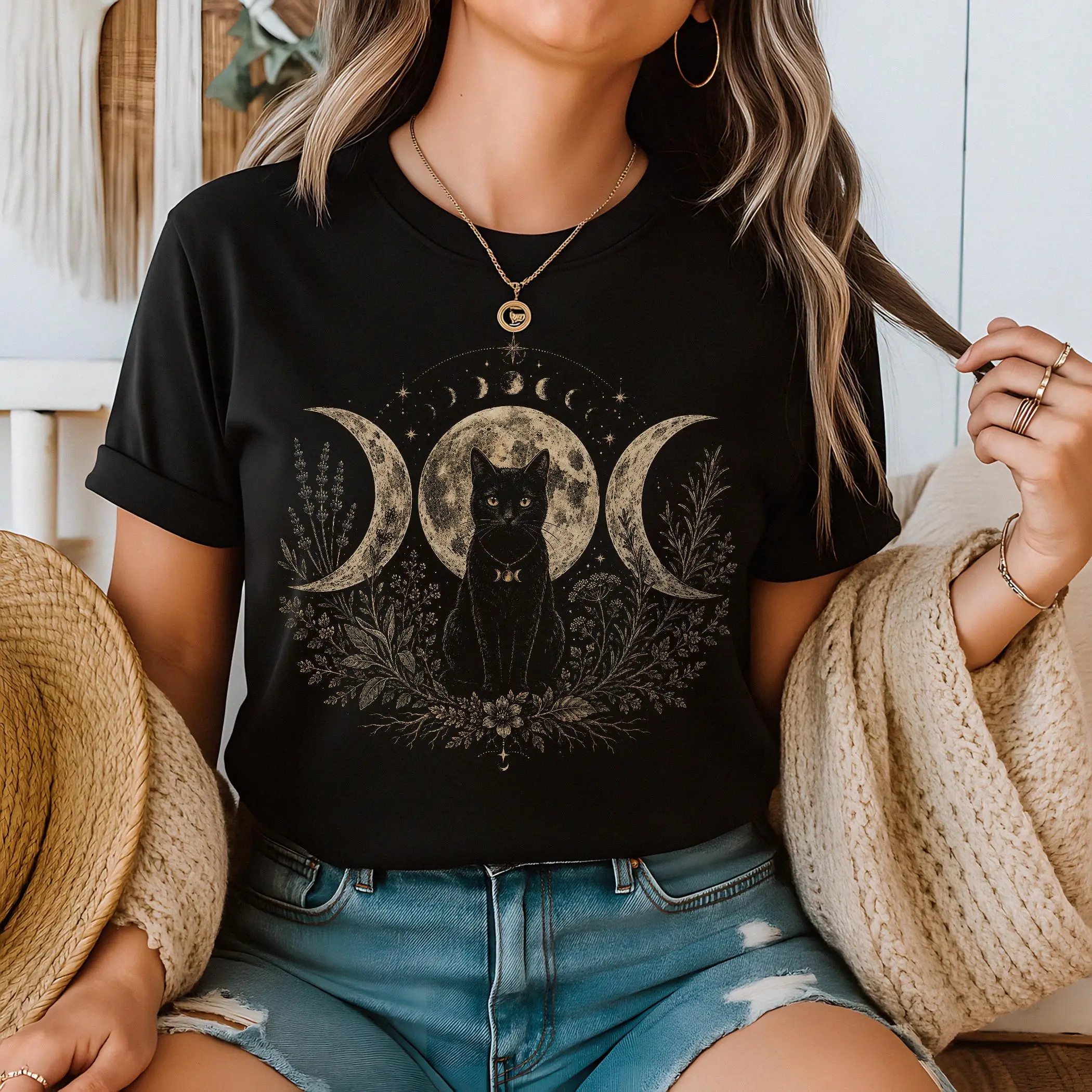 Black Cat Triple Moon Shirt: Witchy Cat T-Shirt | Pagan Moon Phase Tee | Wiccan Familiar Gift | Mystic Unisex Shirt Witchy Gift