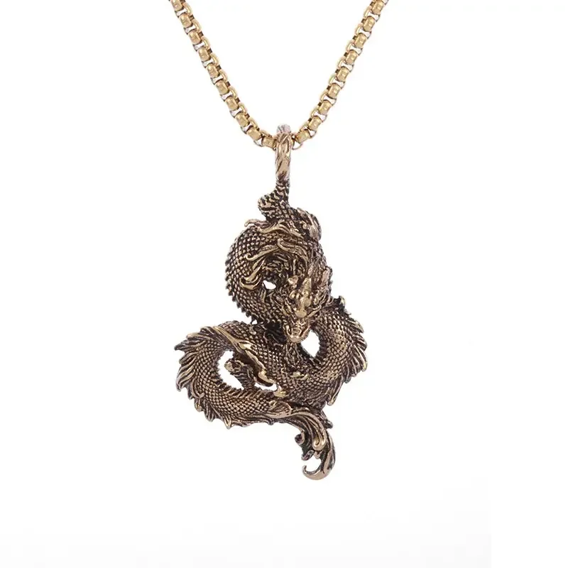 Retro Ethnic Chinese Zodiac Dragon Pendant Gold Color Necklace Men and Women Punk Style Jewelry Gift