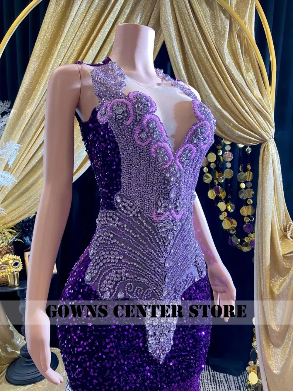 

Luxurious Purple Feathers Mermaid Prom Dress Sparkling Sequin Diamante Trim Blackgirls Birthday Robes de soirée Customized
