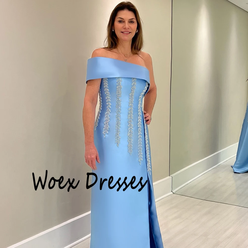 Personalizado de um ombro céu azul cetim vestido de noite sem mangas com cristal sem costas vestido de festa a linha até o chão vestidos de baile