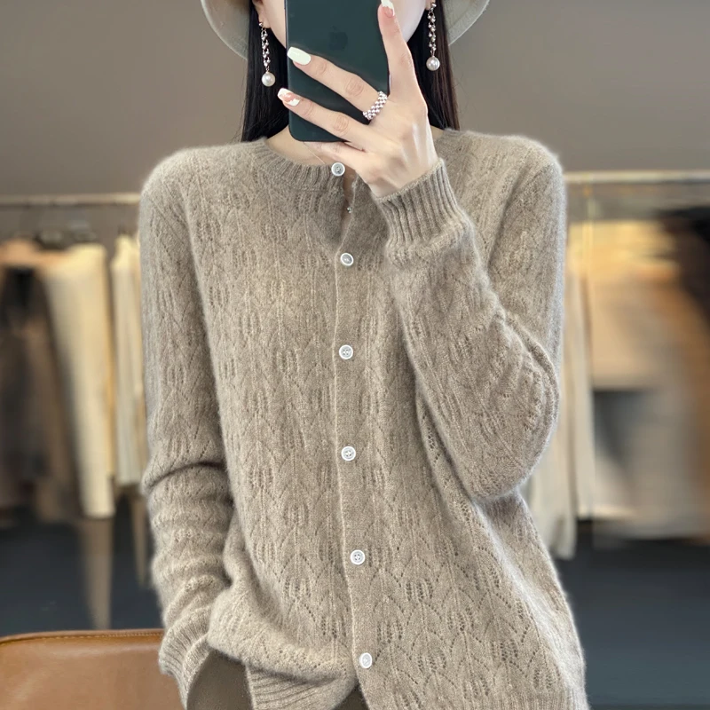 Round Neck 100% Merino Wool Cardigan Spring Autumn New Hollow Out Fashion Long Sleeved Solid Color Knitted Cardigan Sweater Top