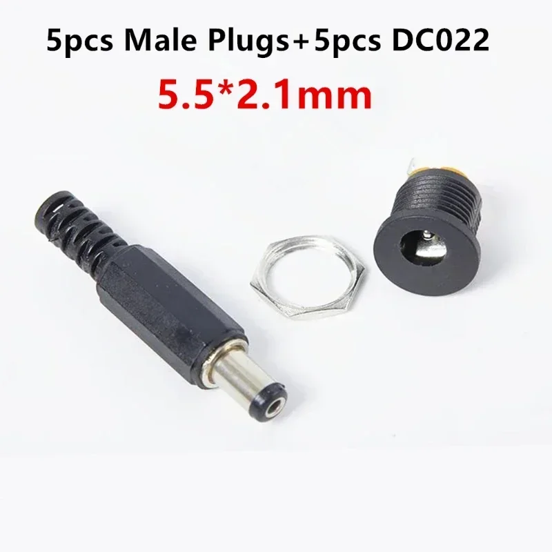 

5pcs Male Plugs+5pcs DC022 Socket Female Jack Screw Nut Panel Mount Connector 5.5*2.1mm DC 12V Black