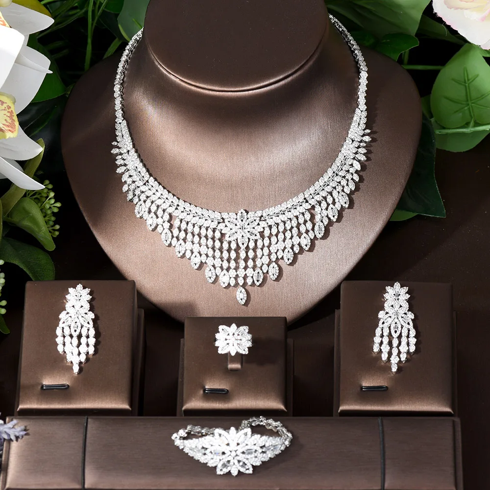 HIBRIDE Top Cubic Zirconia Flower Dinner Party Women Big Necklace Earrings Dubai Nigerian Wedding Jewelry Sets Bijoux N-116