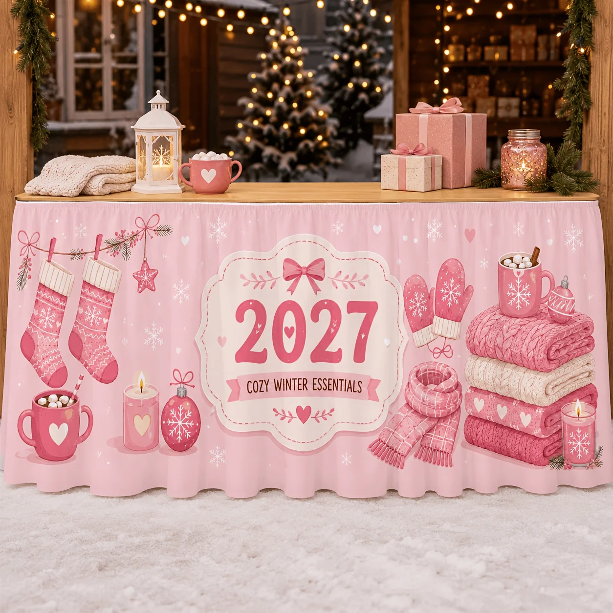 One table skirt. 2027. Comfortable winter essential. Pink Christmas stocking gloves scarf blanket bowtiexzj