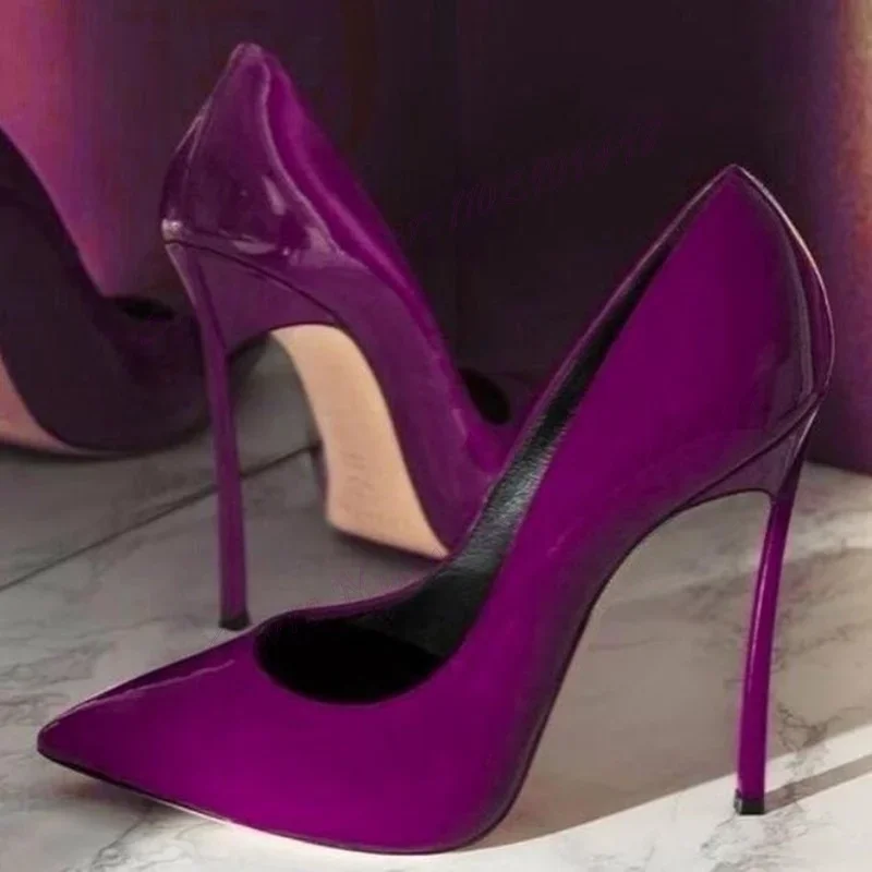 Fioletowe lakierowane czółenka na metalowym obcasie, szpilki z ostrym noskiem dla kobiet, seksowne buty damskie na wysokim, cienkim obcasie, Zapatos Para Mujere 2024