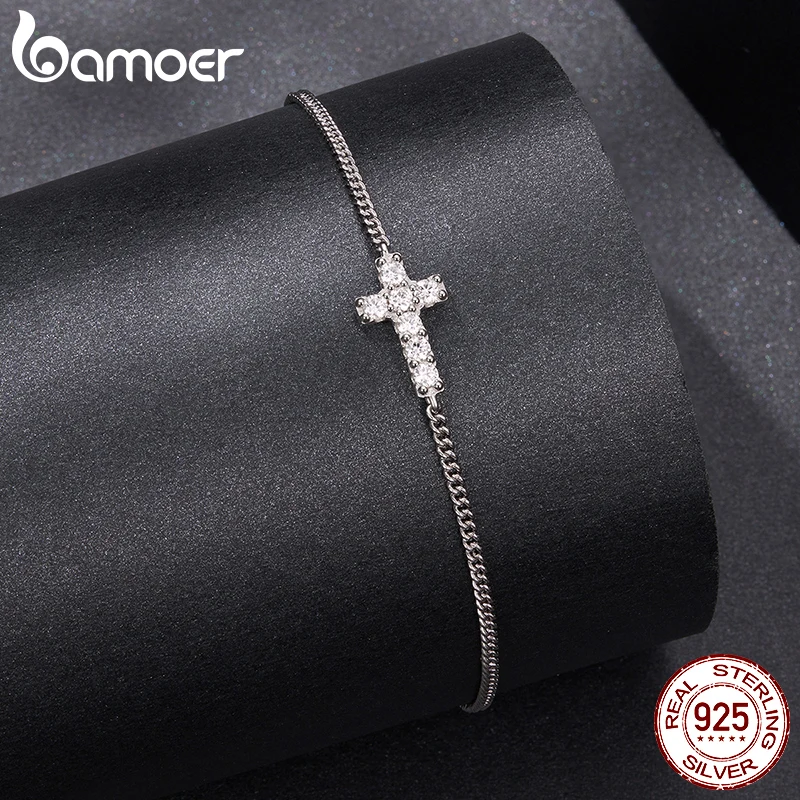 Bamoer Moissanite Bracelet Classic 925 Sterling Silver Chain Cross Charm Bracelets Chain Wedding Fine Jewelry