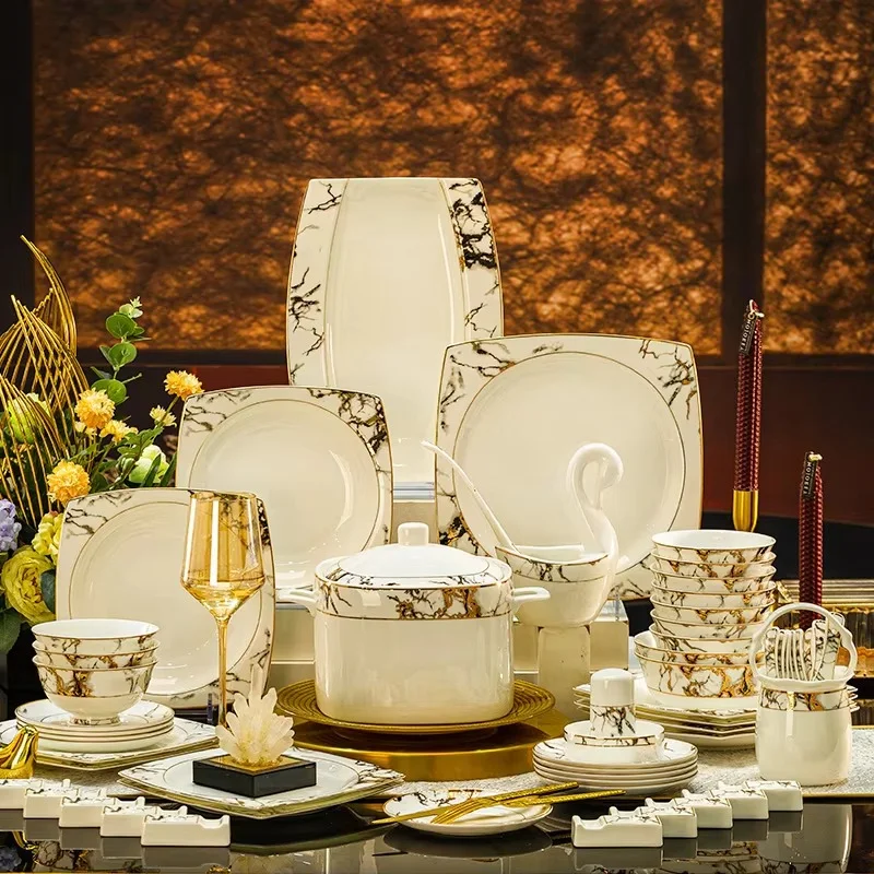 Luxury Bone China Tableware Set Jingdezhen High-end Gift Box Bowl And Plate Set Home Use Light Luxury High-end European-style