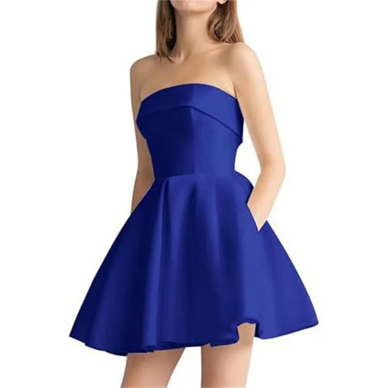 Simples barato curto cetim uma linha sem alças mini comprimento vestidos de dama de honra festa de casamento noite baile de formatura cocktail rendas até