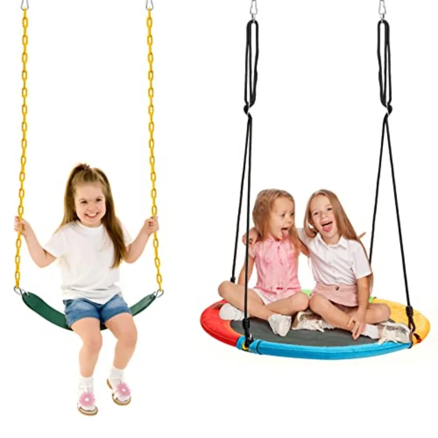 

2-Pack Belt and Saucer Tree Swing Set w/Adjustable Ropes 2 Hanging Ways and Easy Setup Multifunctional Toy Set for Patio Playgr